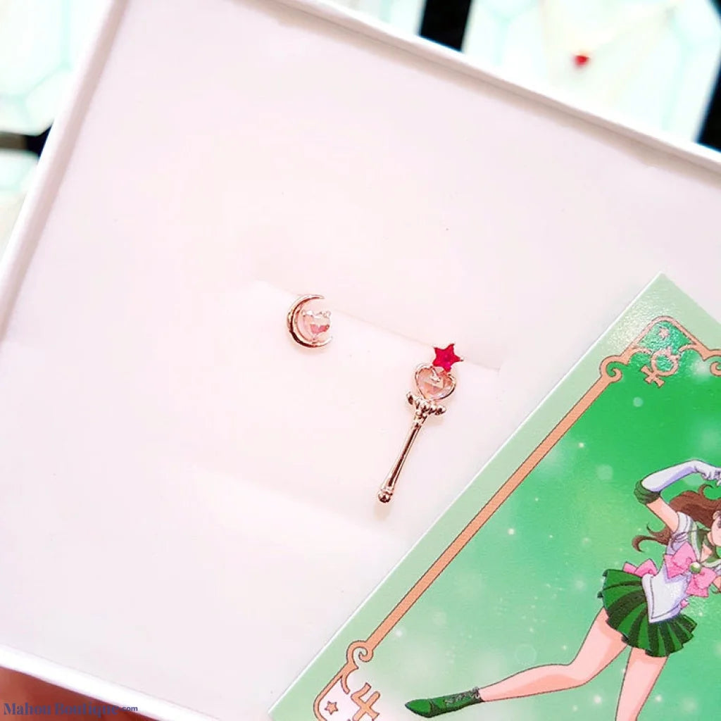 Mahou Boutique OST x Sailor Moon - 925 Silver Moon & Star Staff Earring Set - Korea Licensed Official Merchandise